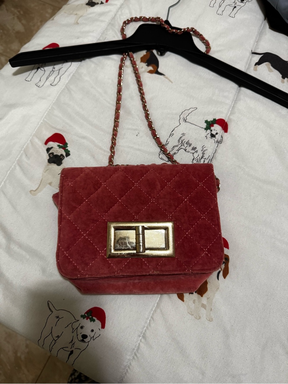 Quilted Velvet Crossbody Bag in Rose Red with Gold Hardware